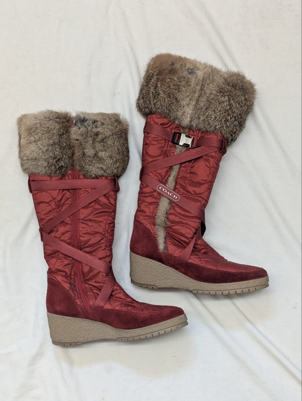 Coach Y2K Mackenzie Rabbit Fur Wedge Knee High Monogram Logo Boots Women's 9